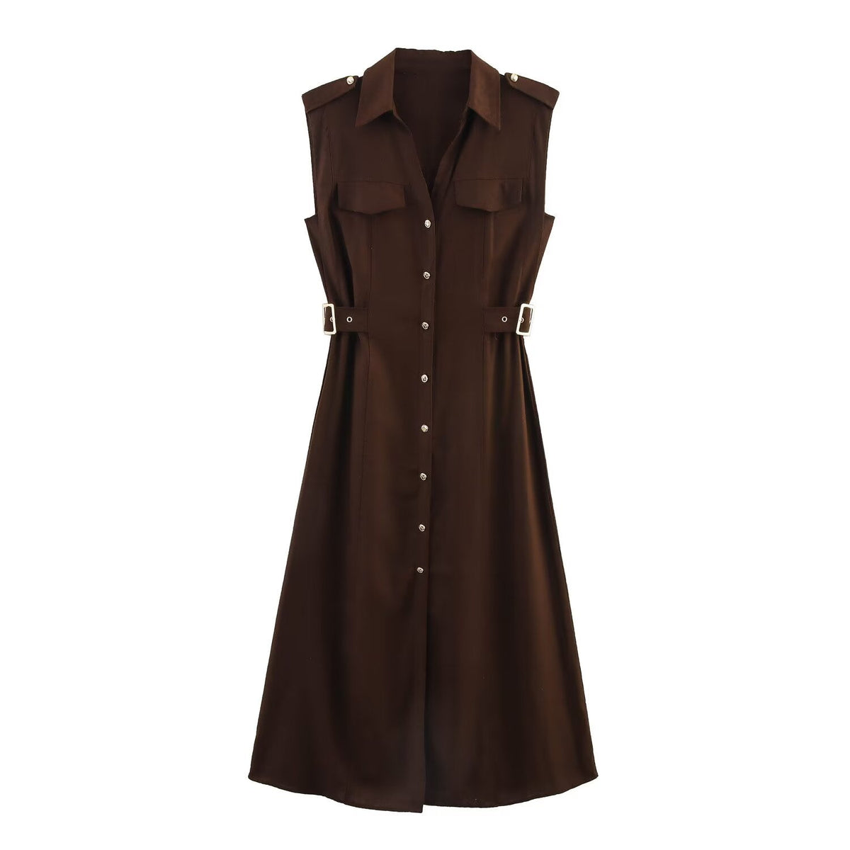 Women's new chic fashion flip decoration casual single breasted linen blended MIDI dress retro sleeveless women's dress