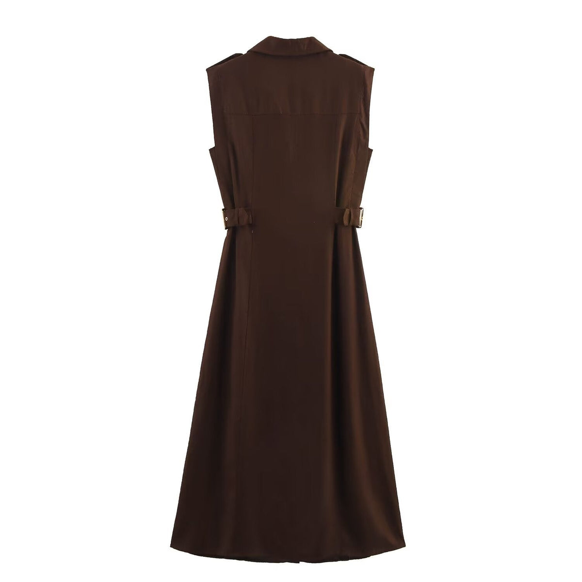 Women's new chic fashion flip decoration casual single breasted linen blended MIDI dress retro sleeveless women's dress