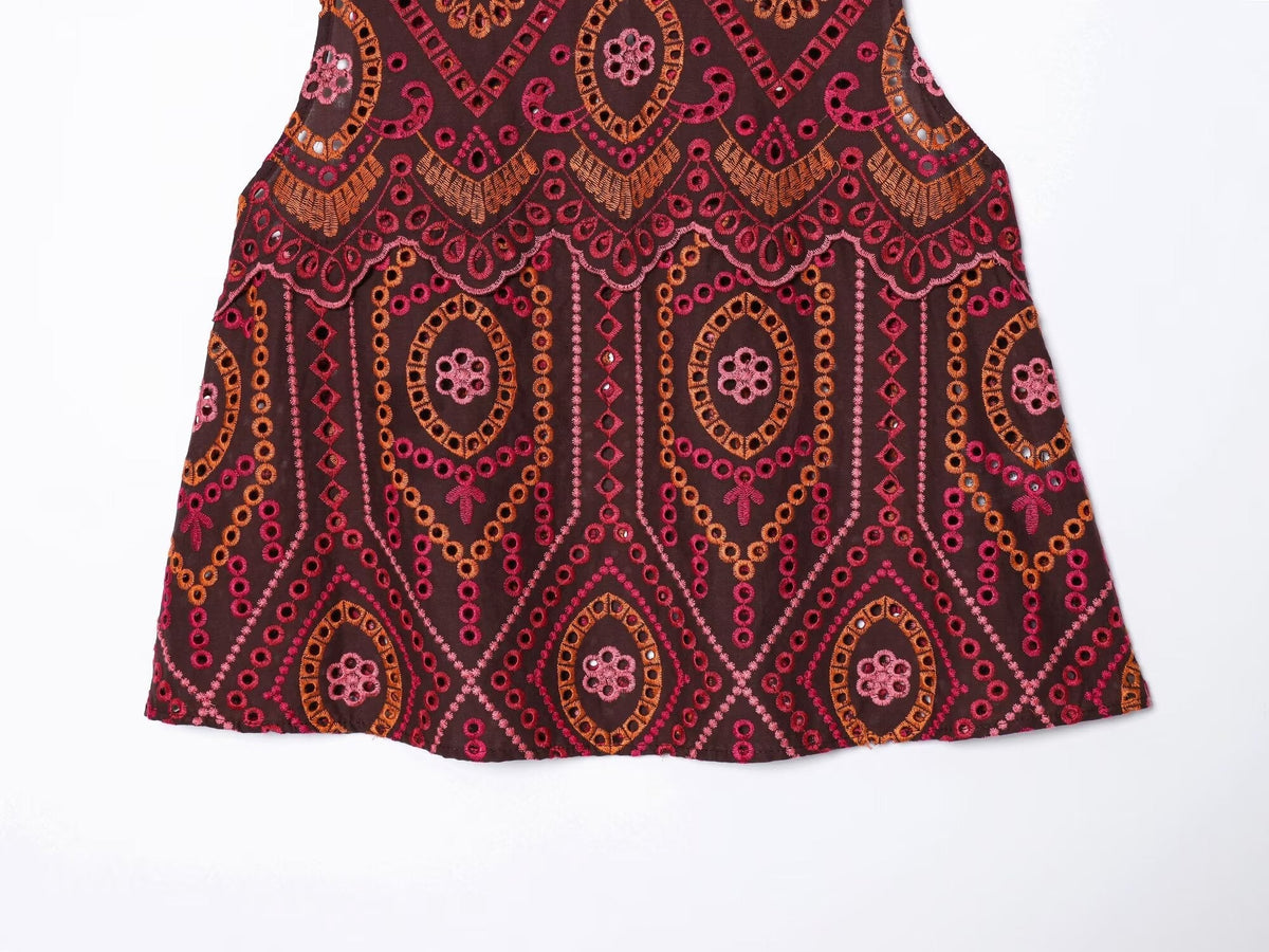 suit Women's 2 pieces hollowed out embroidered O-Neck top+Skirts