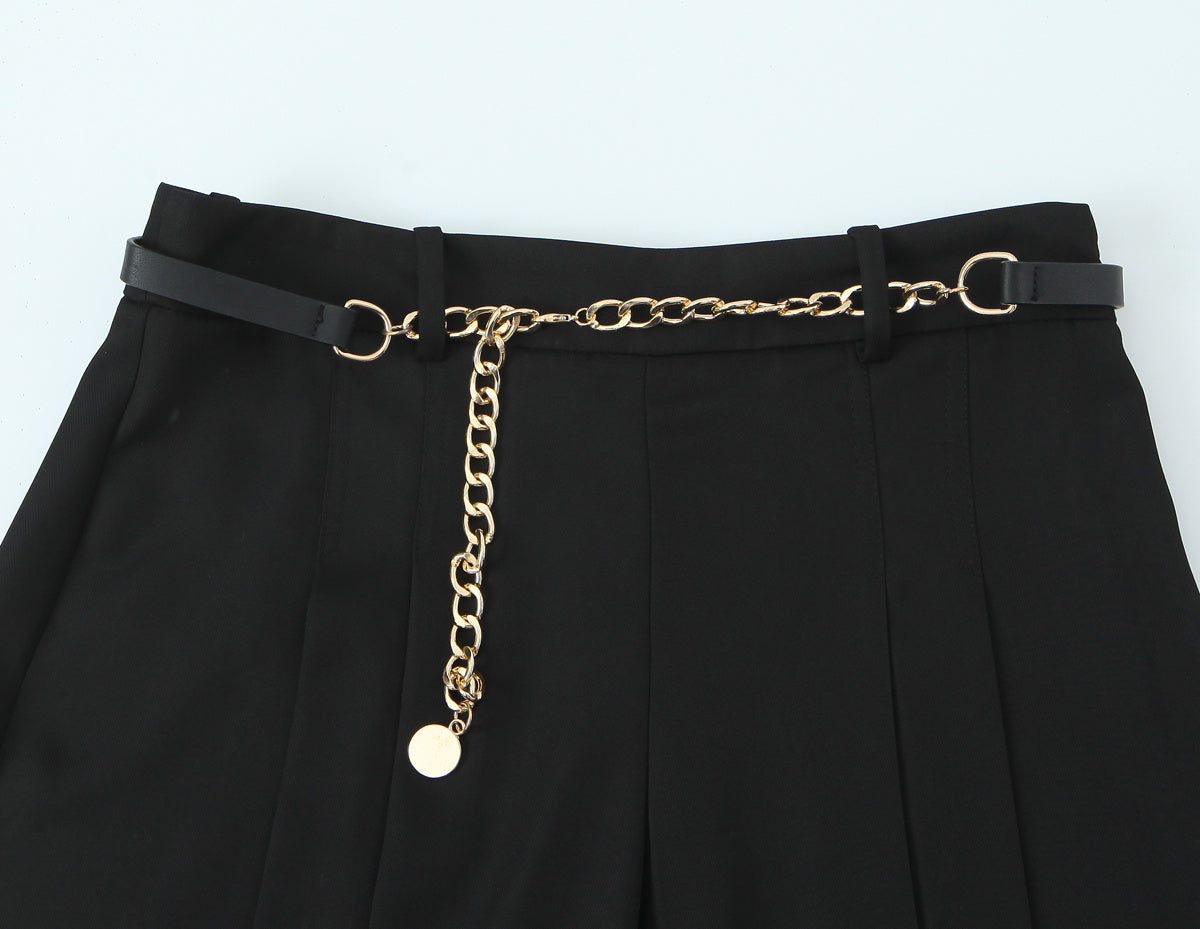 Women's new fashion chain waistband decoration loose versatile pleated shorts retro high waist side zipper women's shorts Mujer